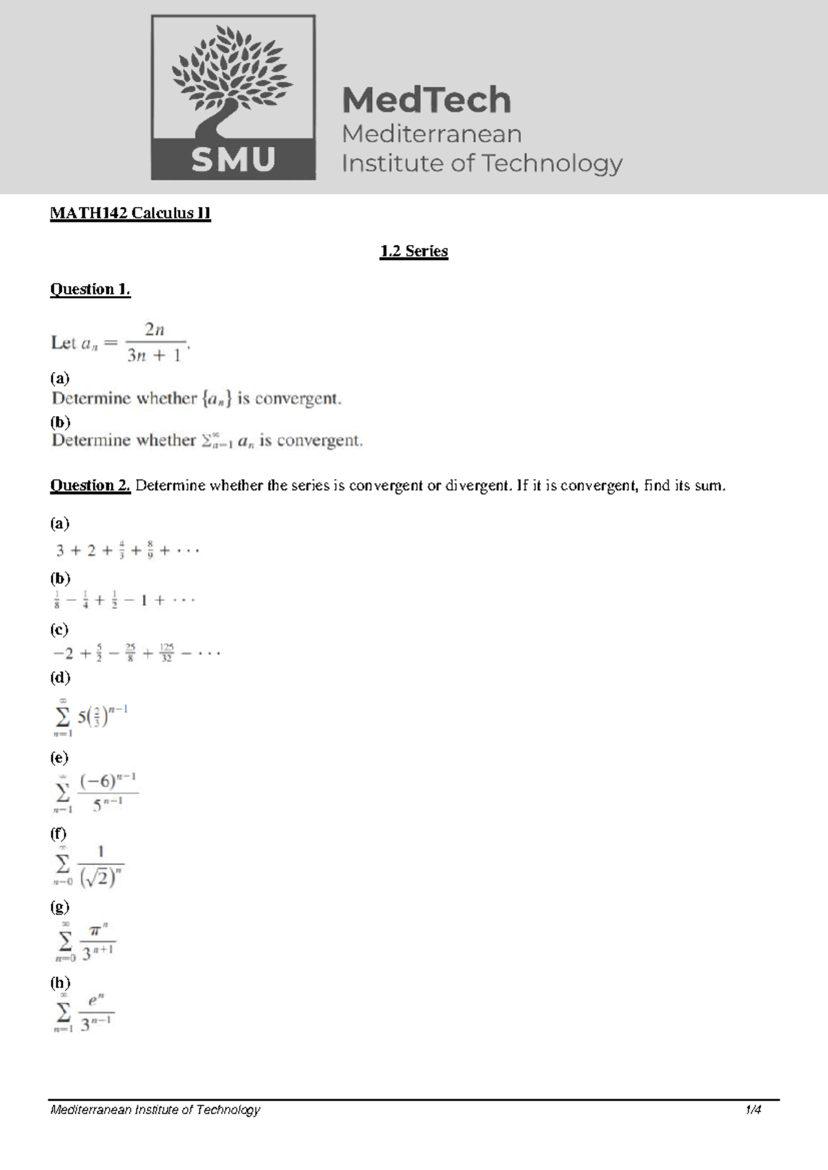 MATH142 Calculus II Homework 2: Series Convergence Analysis - Studocu