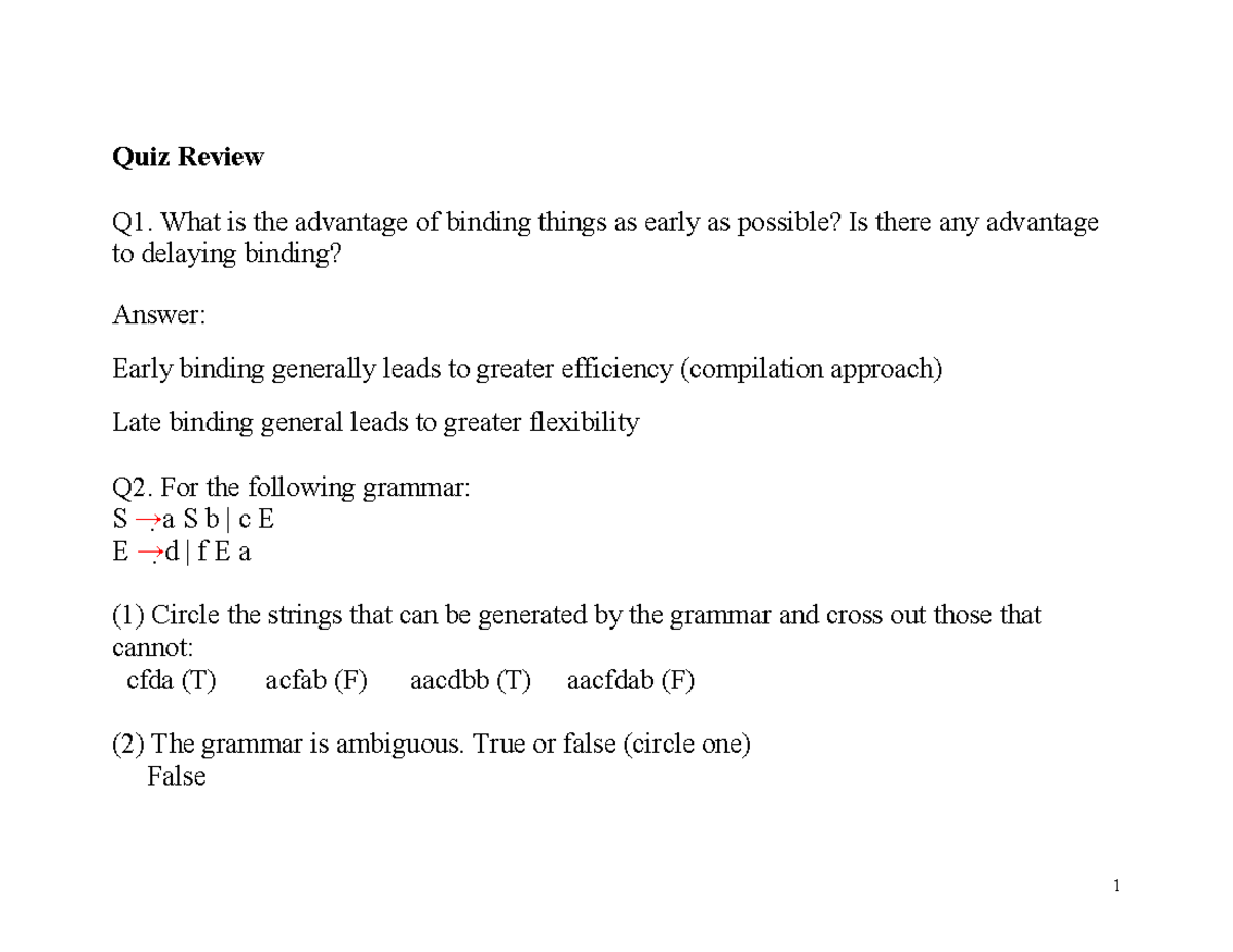 Lecture 6 - Principles of Programming Language - Quiz Review Q1. What ...