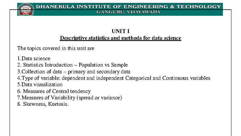 CSE Unit I: Descriptive Statistics & Data Science Methods - Studocu