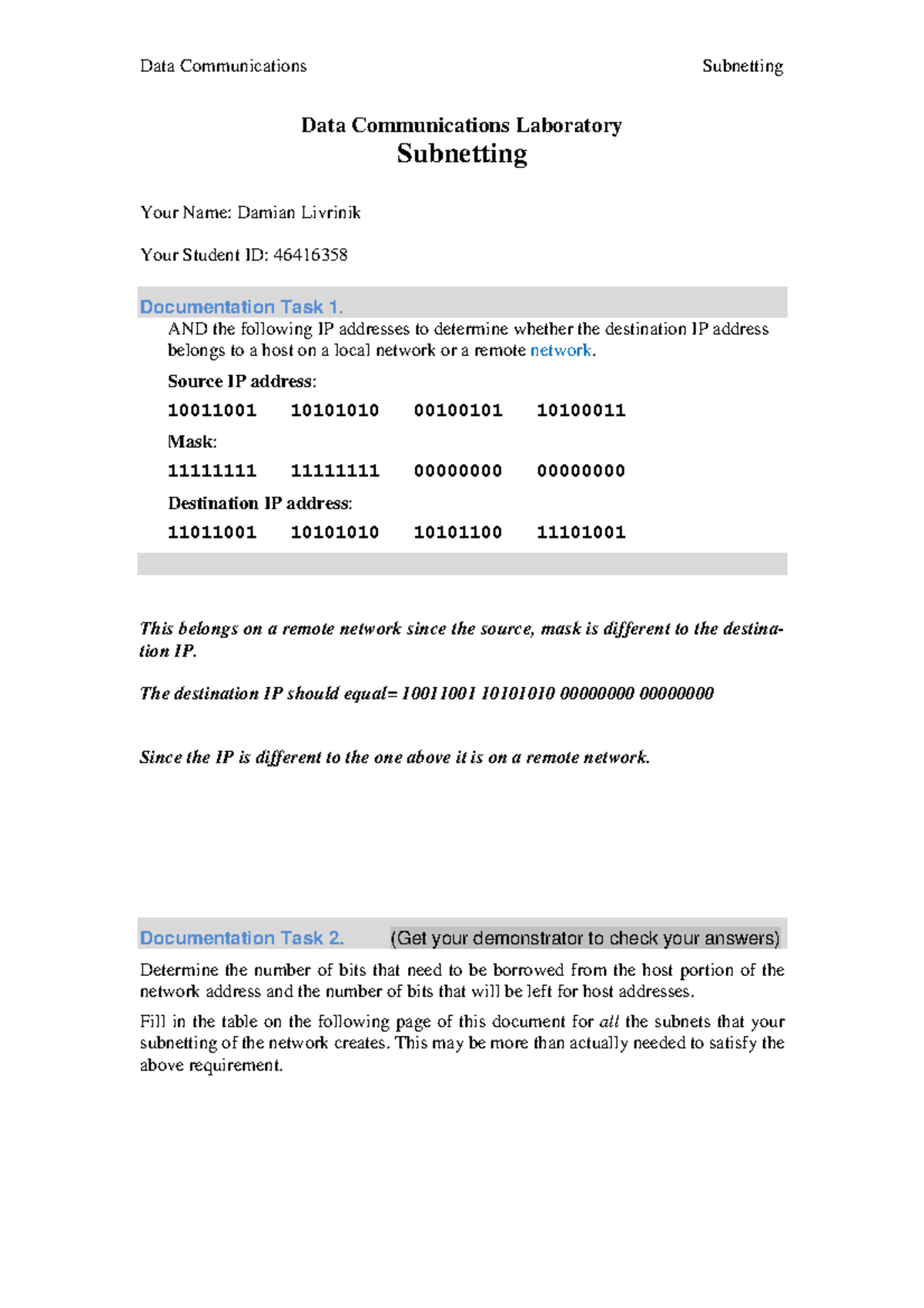 Practical - Subnetting - Documentation TemplateAssessment 1 ...