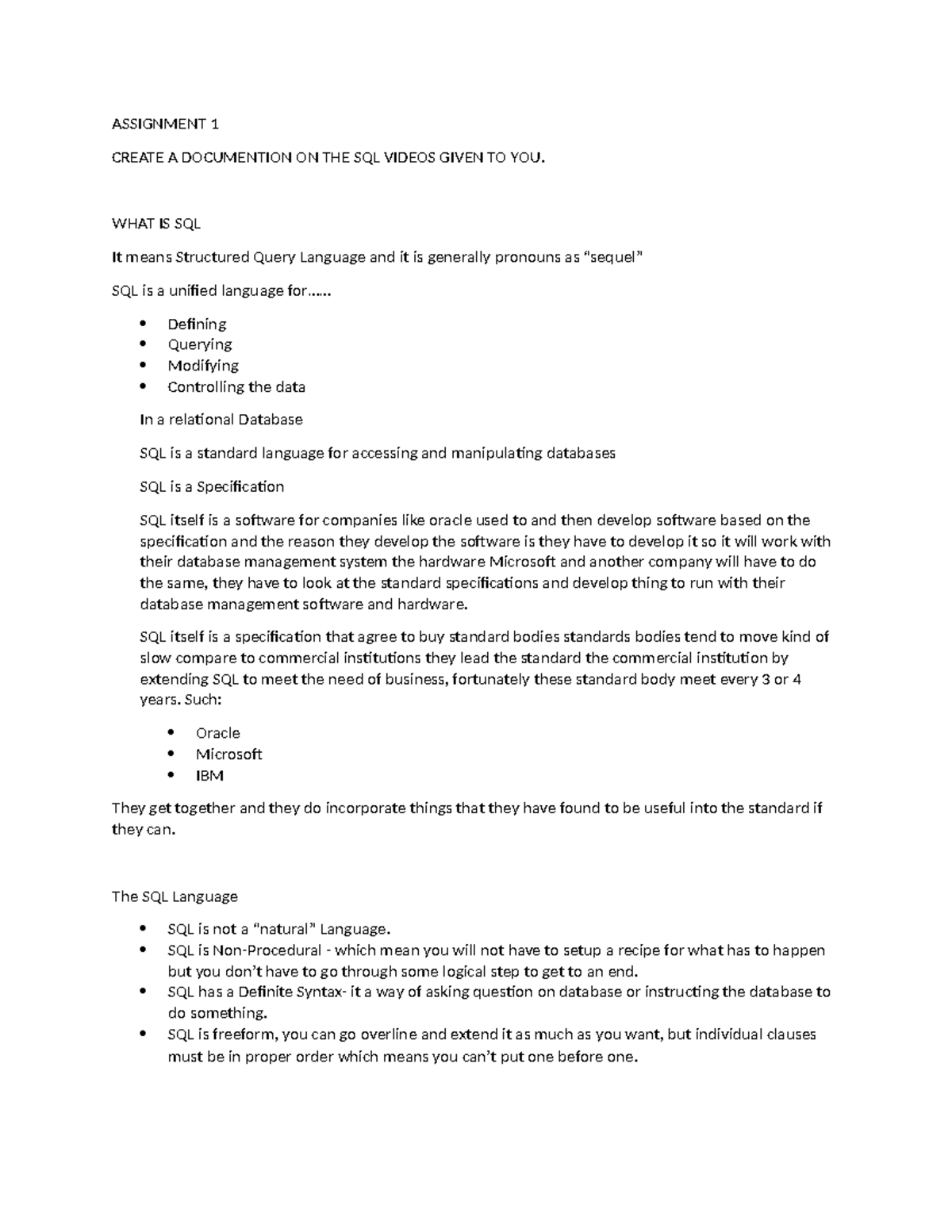 Assignment 1 SQL - read it accordingly - ASSIGNMENT 1 CREATE A ...