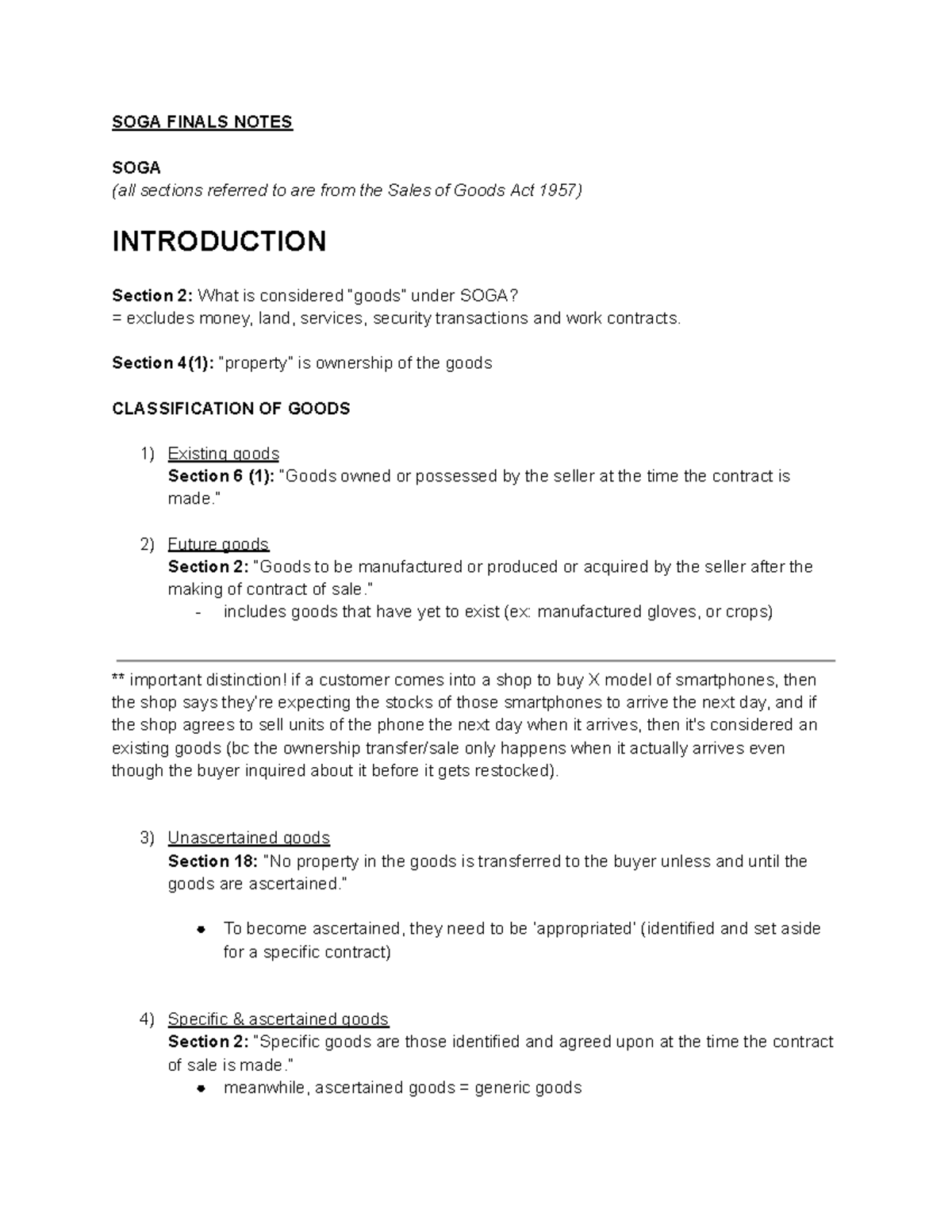 SOGA 1957 Finals Notes: Key Concepts and Case Law Analysis - Studocu