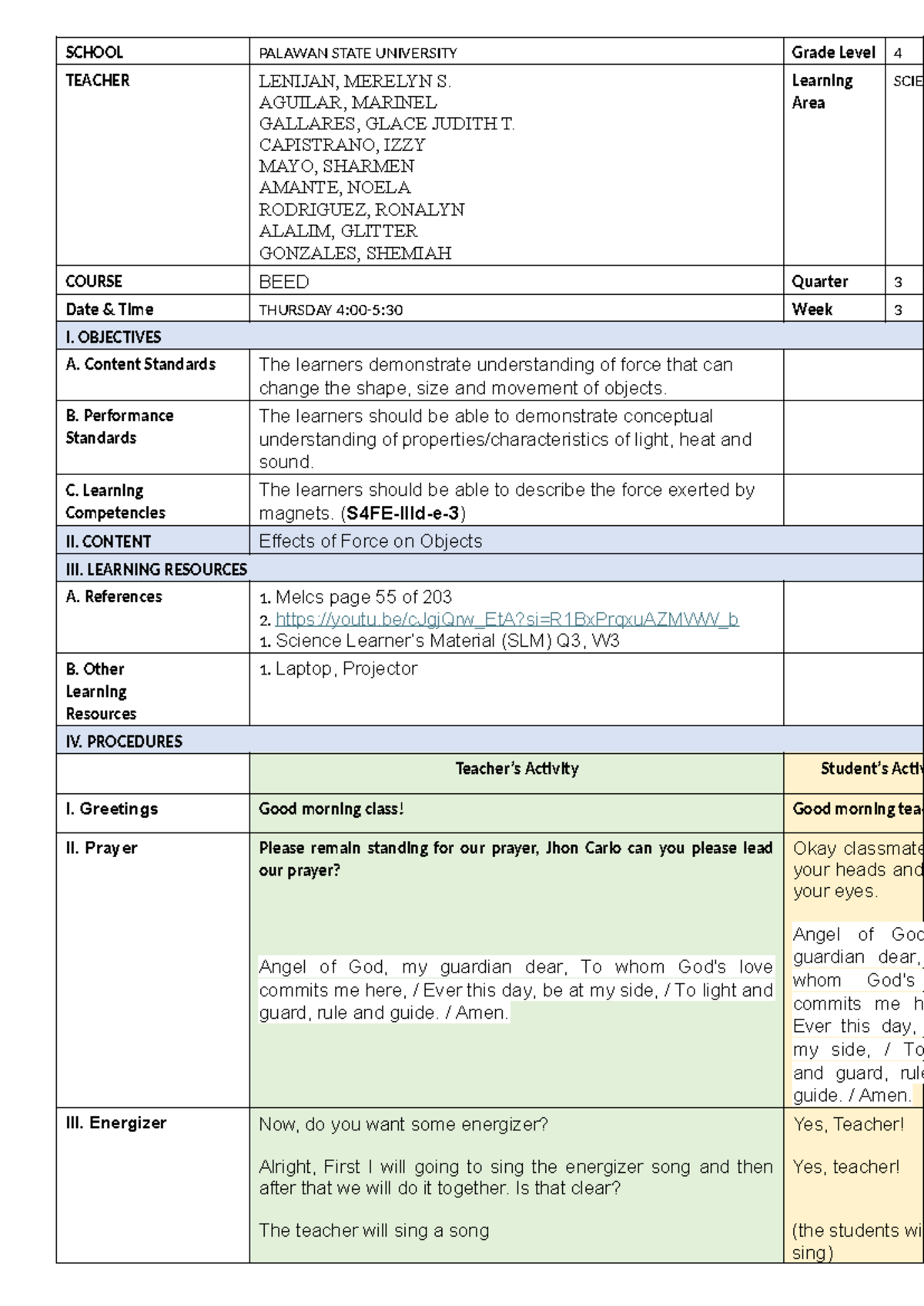 Grade 4 Science Lesson Plan: Forces and Magnetism (BEED Q3) - Studocu