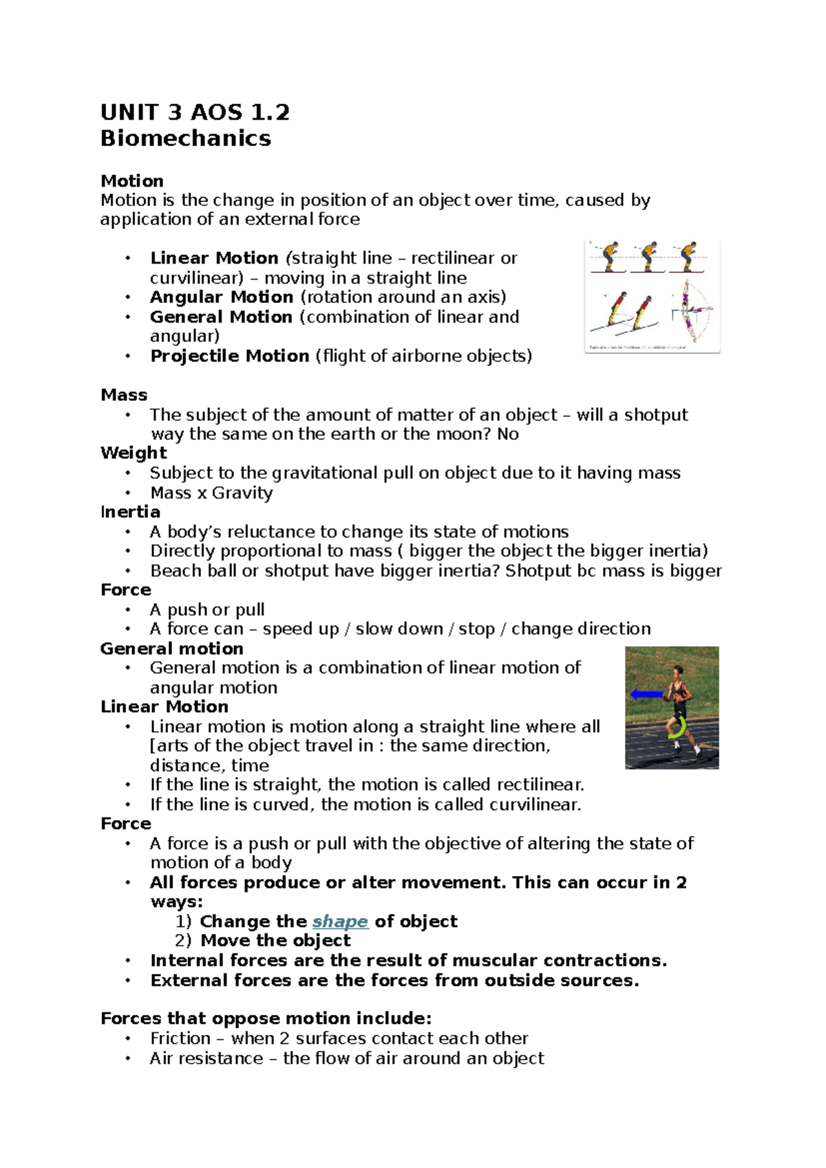 Biomechanics Notes - Unit 3 AOS 1.2: Motion and Forces - Studocu