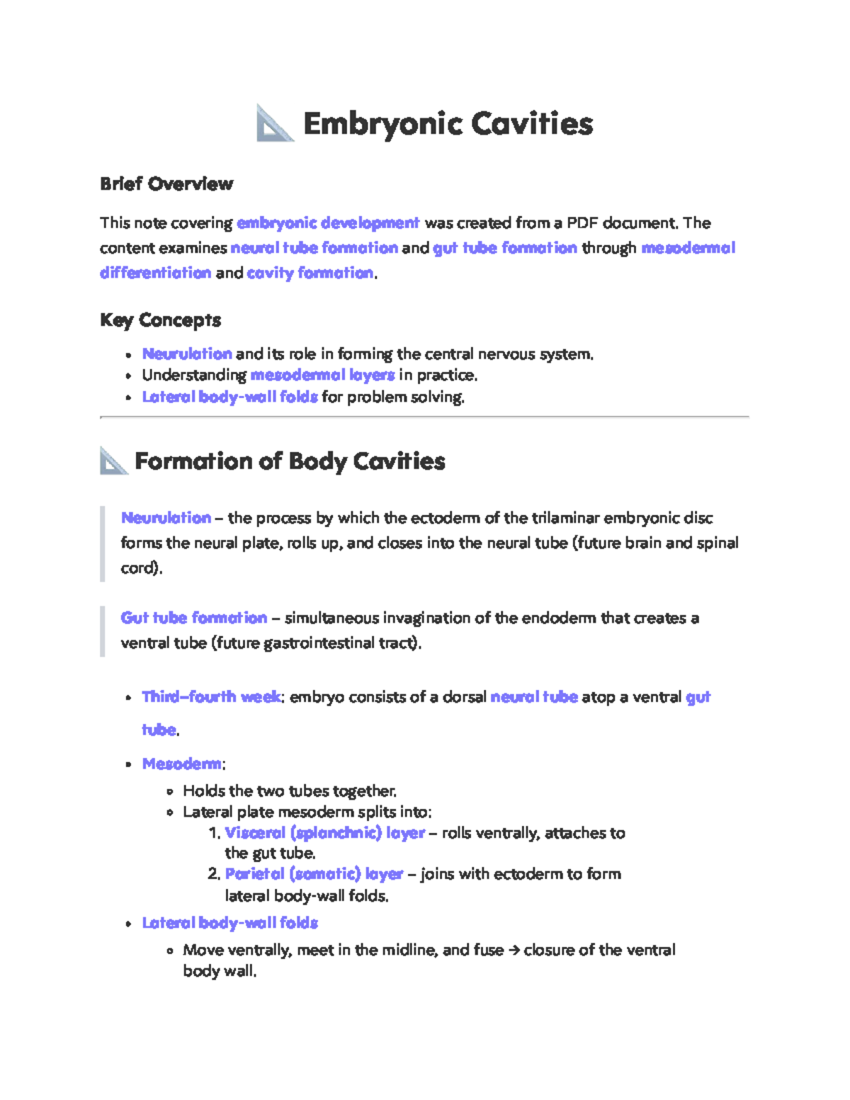 Embryology Lecture Notes: Formation of Body Cavities - Studocu