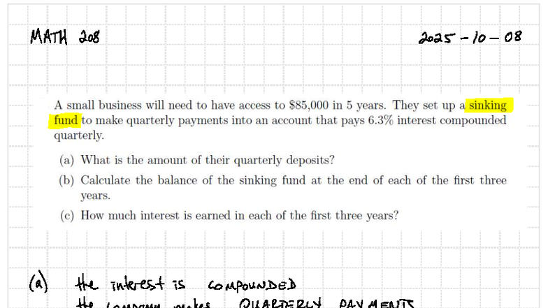 MATH 208 Class 11 - Sinking Fund & Investment Calculations Notes - Studocu