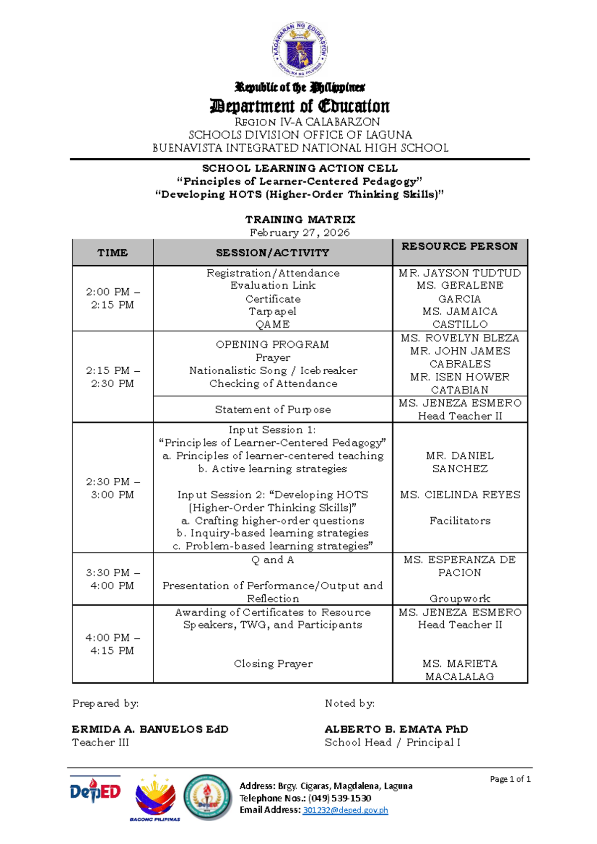 2026 SLAC Matrix: HOTS Thinking Training Schedule - Studocu