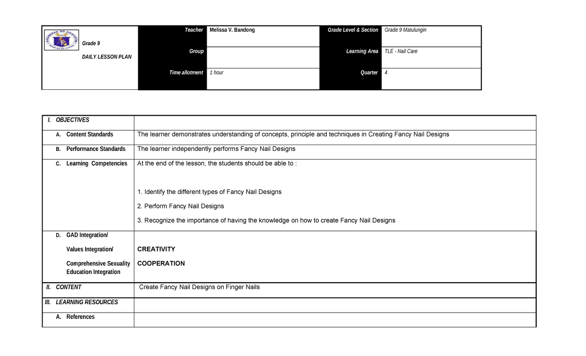 Grade 9 TLE Nail Care 4: Daily Lesson Plan on Fancy Nail Designs - Studocu