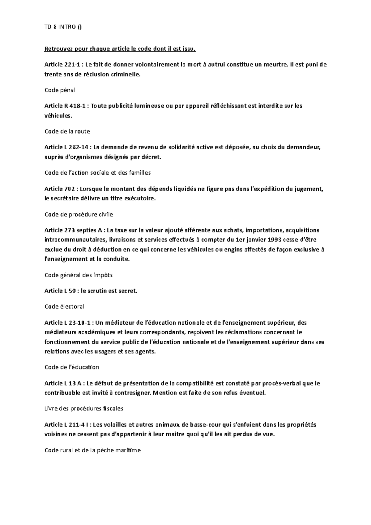 TD8 - Codes Juridiques et Jurisprudence dans le Droit français - Studocu