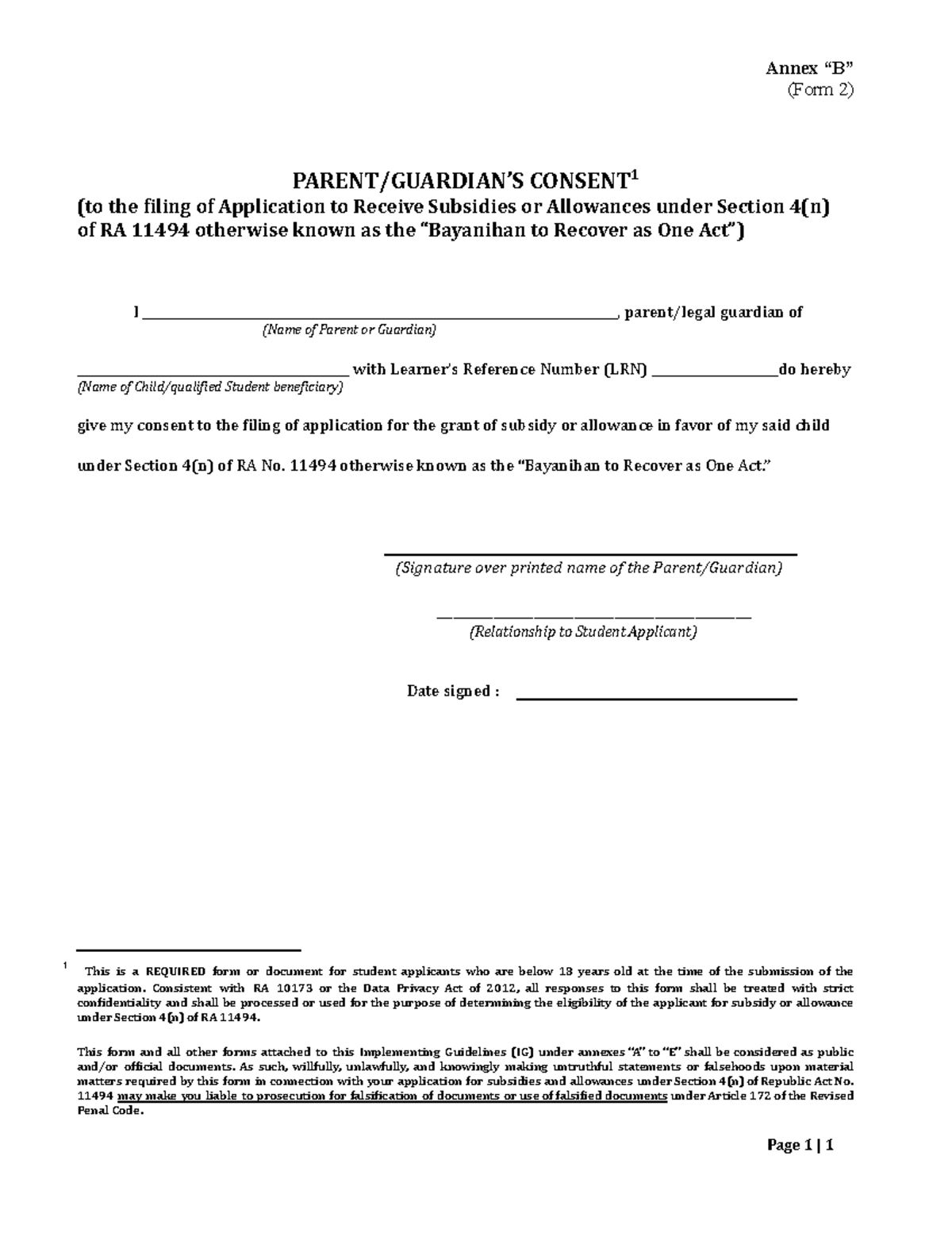 Annex B: Parent/Guardian Consent Form for Bayanihan Subsidy Application ...