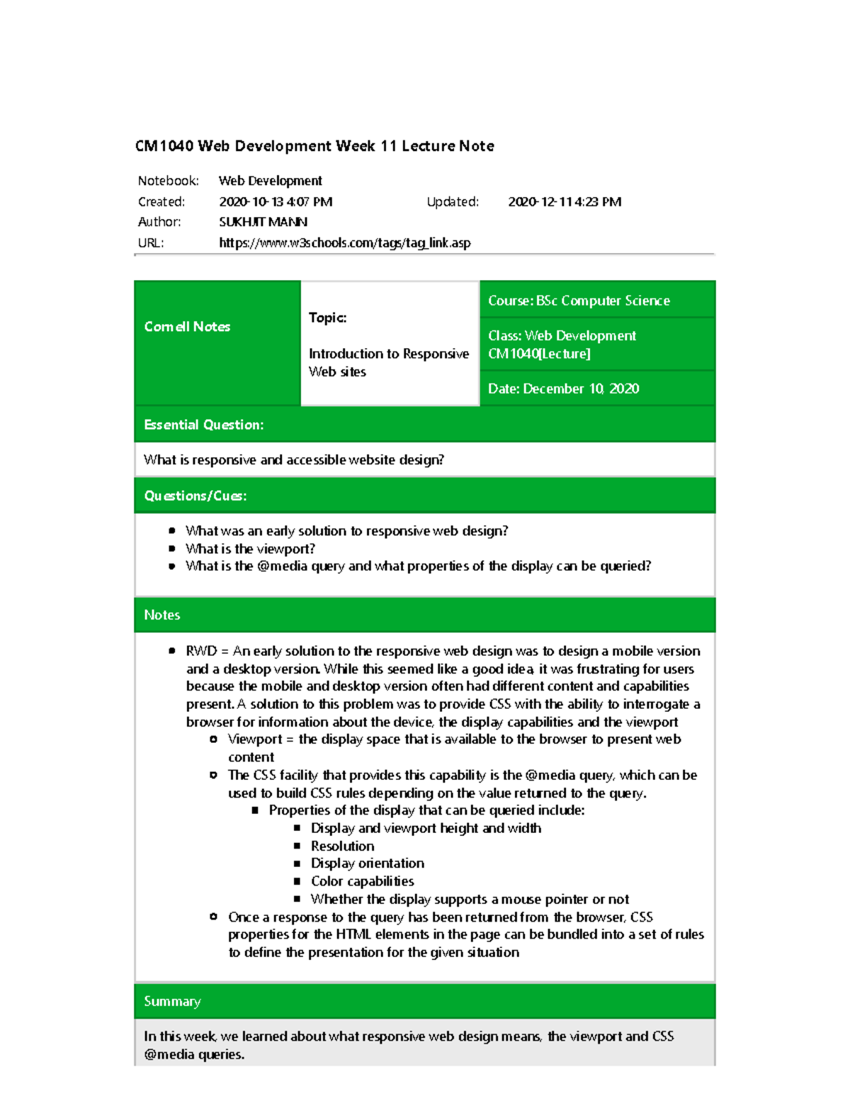 Web-Dev Week-11 Lecture Note - Notebook: Web Development Created: 2020 ...