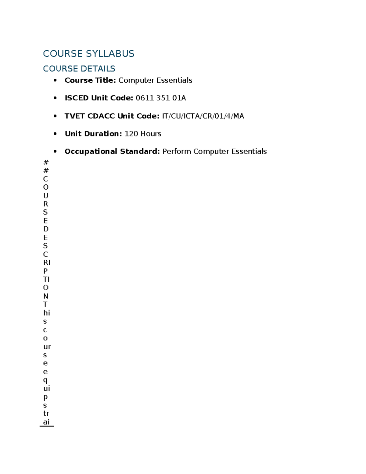 Course Syllabus: Computer Essentials (ISCED 0611 351 01A) - Studocu