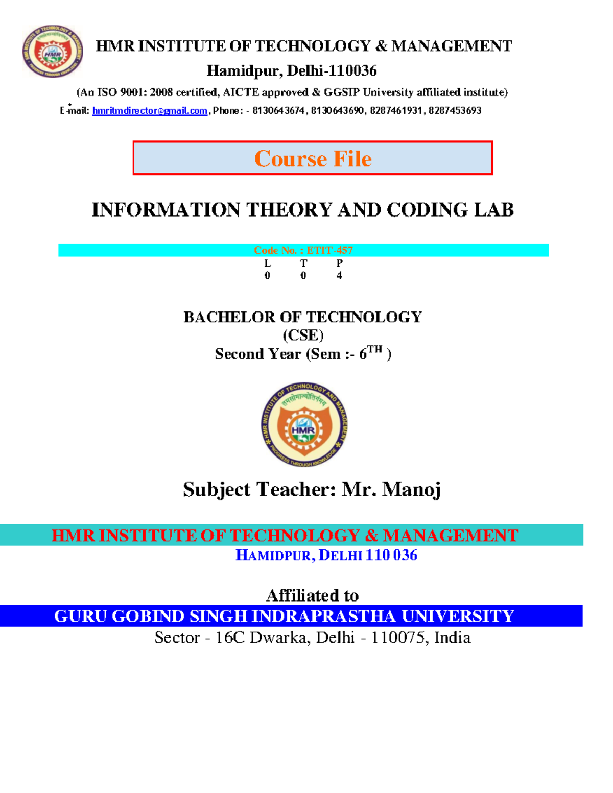 Information Theory and Coding Lab (CSE 6th Sem) Course File - Studocu