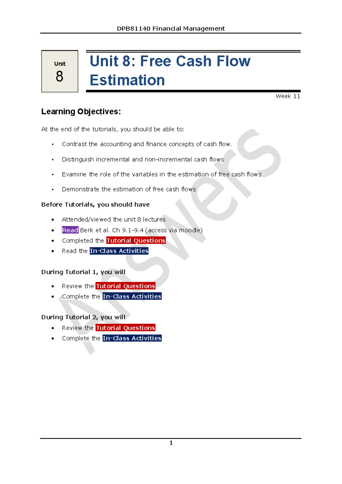 Unit 8: Free Cash Flow Estimations & Tutorial Answers - Studocu