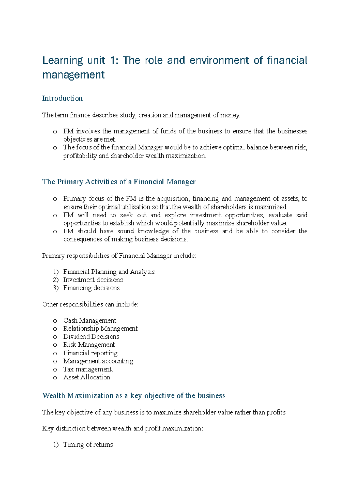 Learning Unit 1 (LU 1) - Financial Management Overview Notes - Studocu