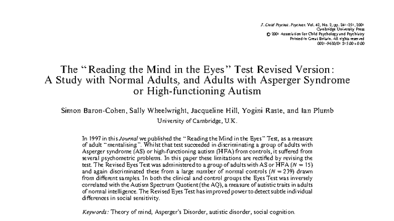 Revised Reading the Mind in the Eyes Test: Insights on Autism and AS ...