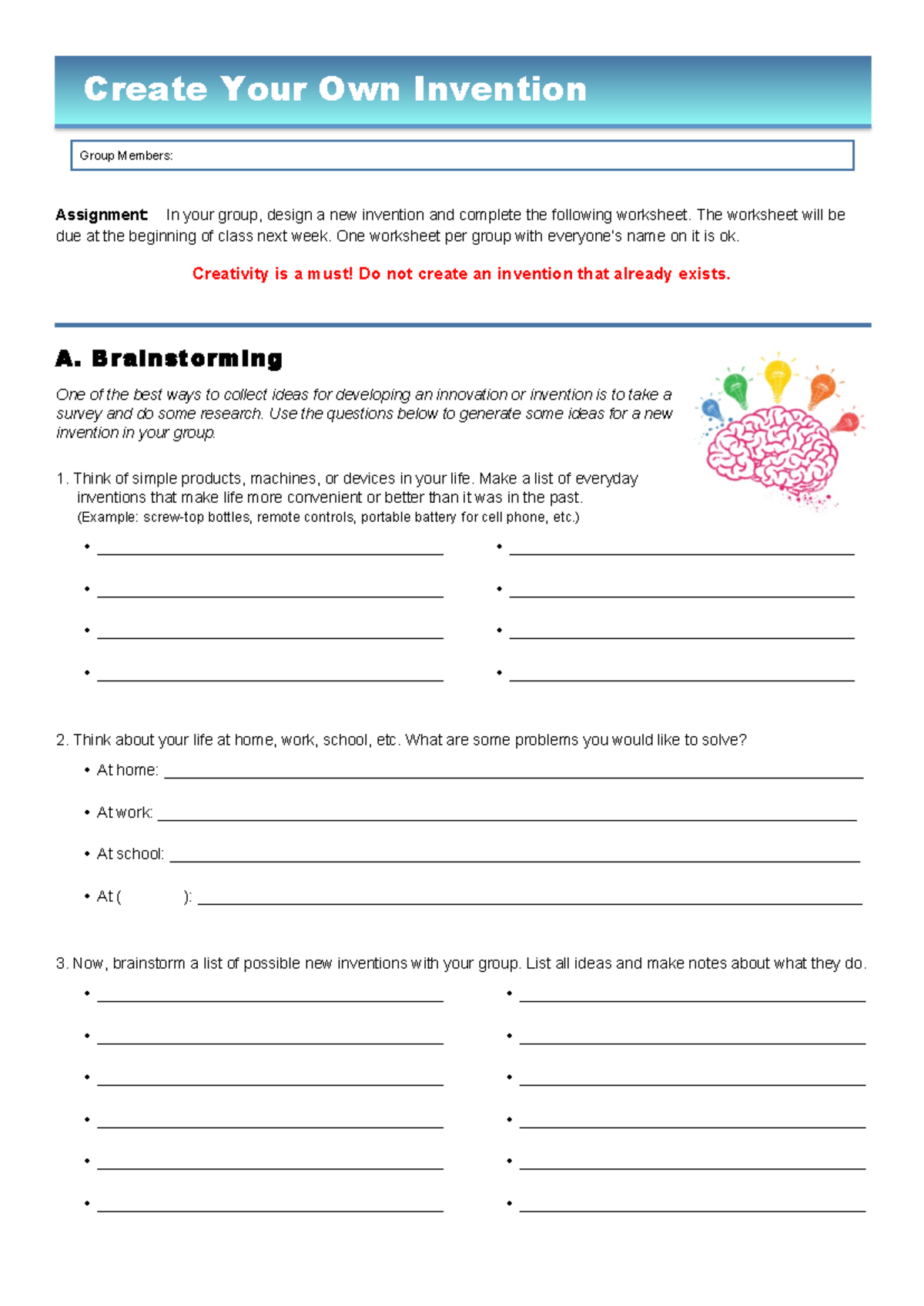 Invention Commercial Worksheet - Group Assignment - Studocu