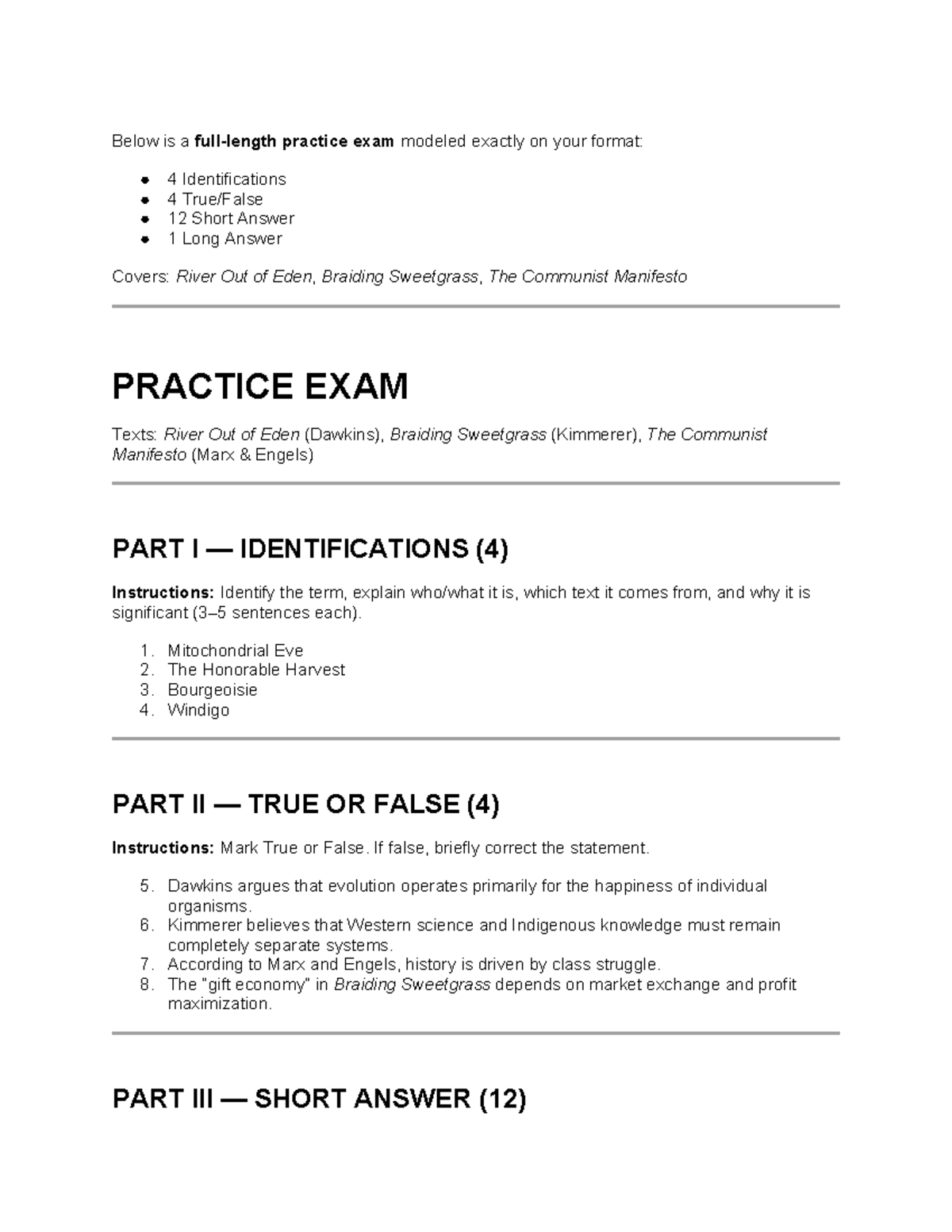 IH Practice Exam: Identifications, Short & Long Answer on Key Texts ...