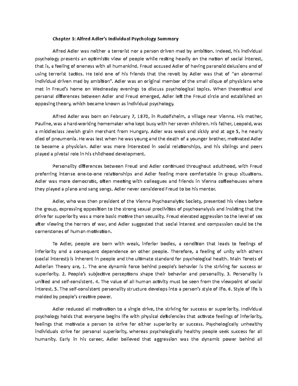 Summary of Alfred Adler's Individual Psychology (Psych 101) - Studocu