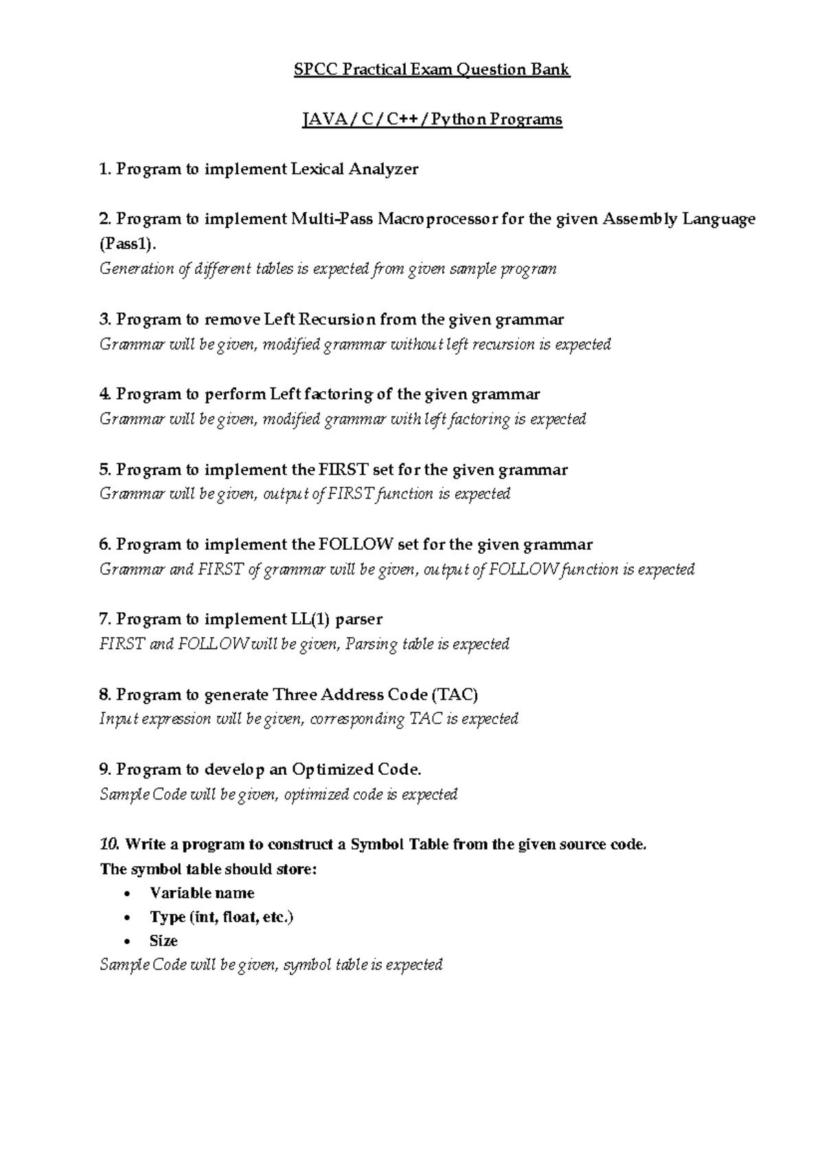 SPCC Practical Exam Question Bank: JAVA & C Programs 2026 - Studocu