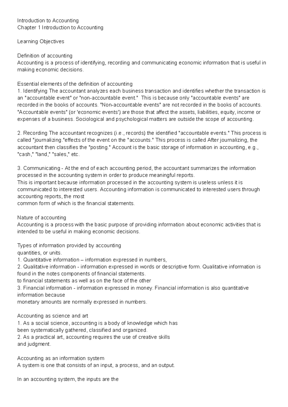 ACCT 101 - Introductory Accounting Notes: Key Concepts & Principles ...
