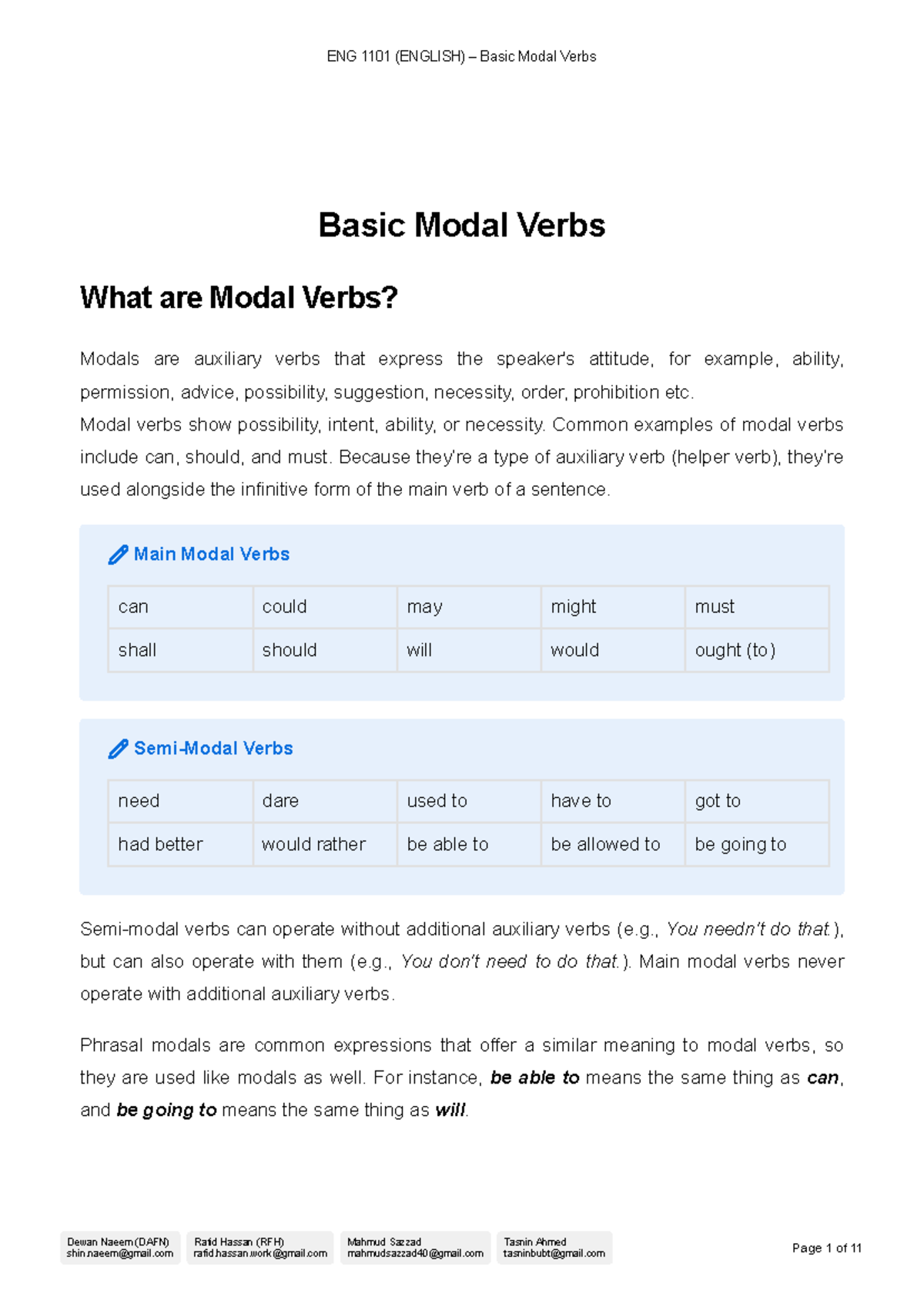 ENG 1101 (ENGLISH) Comprehensive Guide to Basic Modal Verbs - Studocu