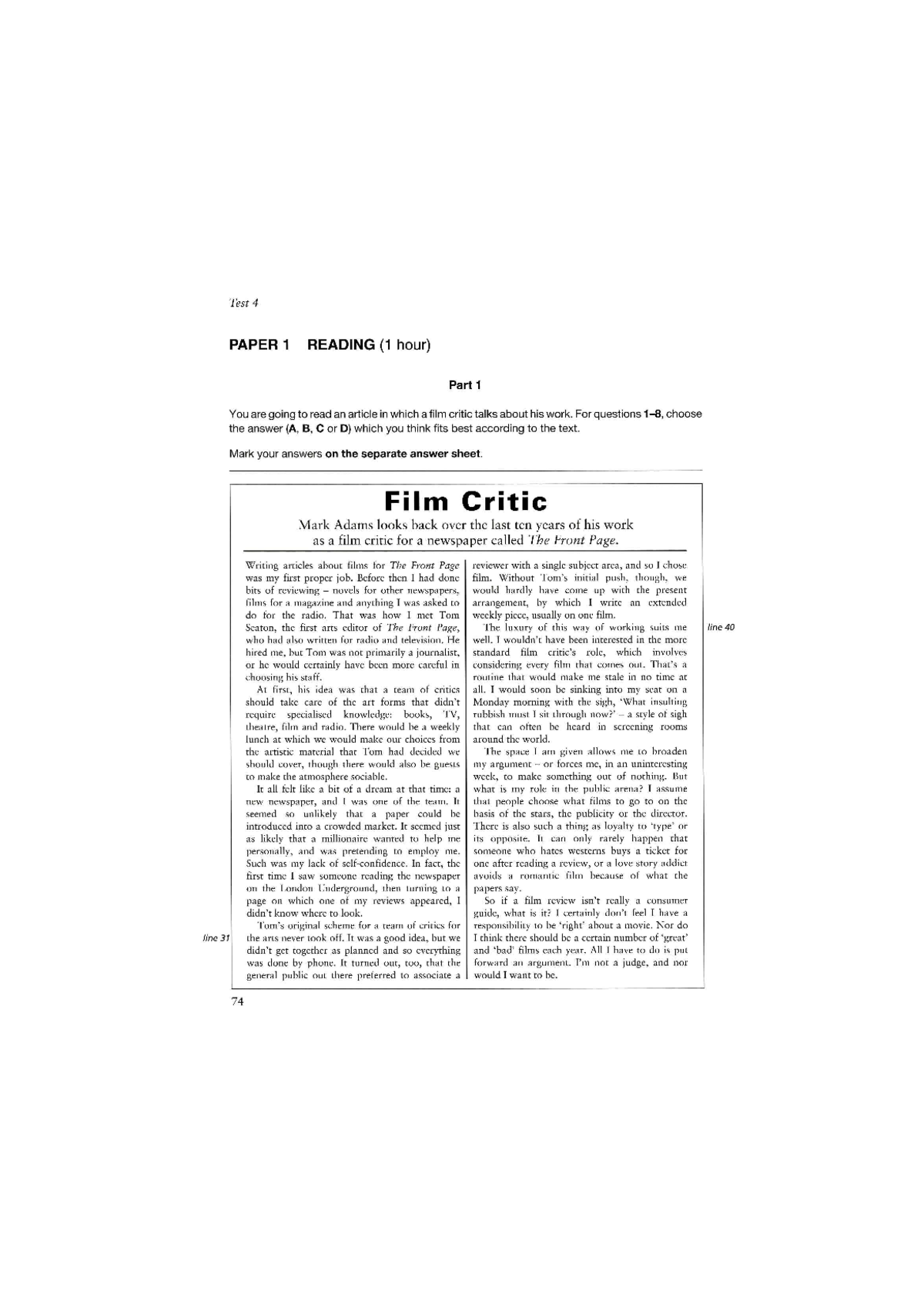 Cambridge FCE 2 Test 4: Reading & Use of English Papers 1 & 2 - Studocu
