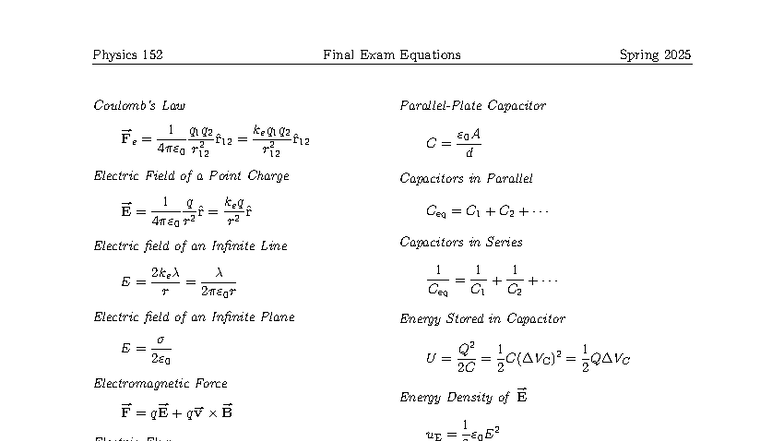 Physics 152 Final Exam Equations & Key Concepts - Spring 2025 - Studocu