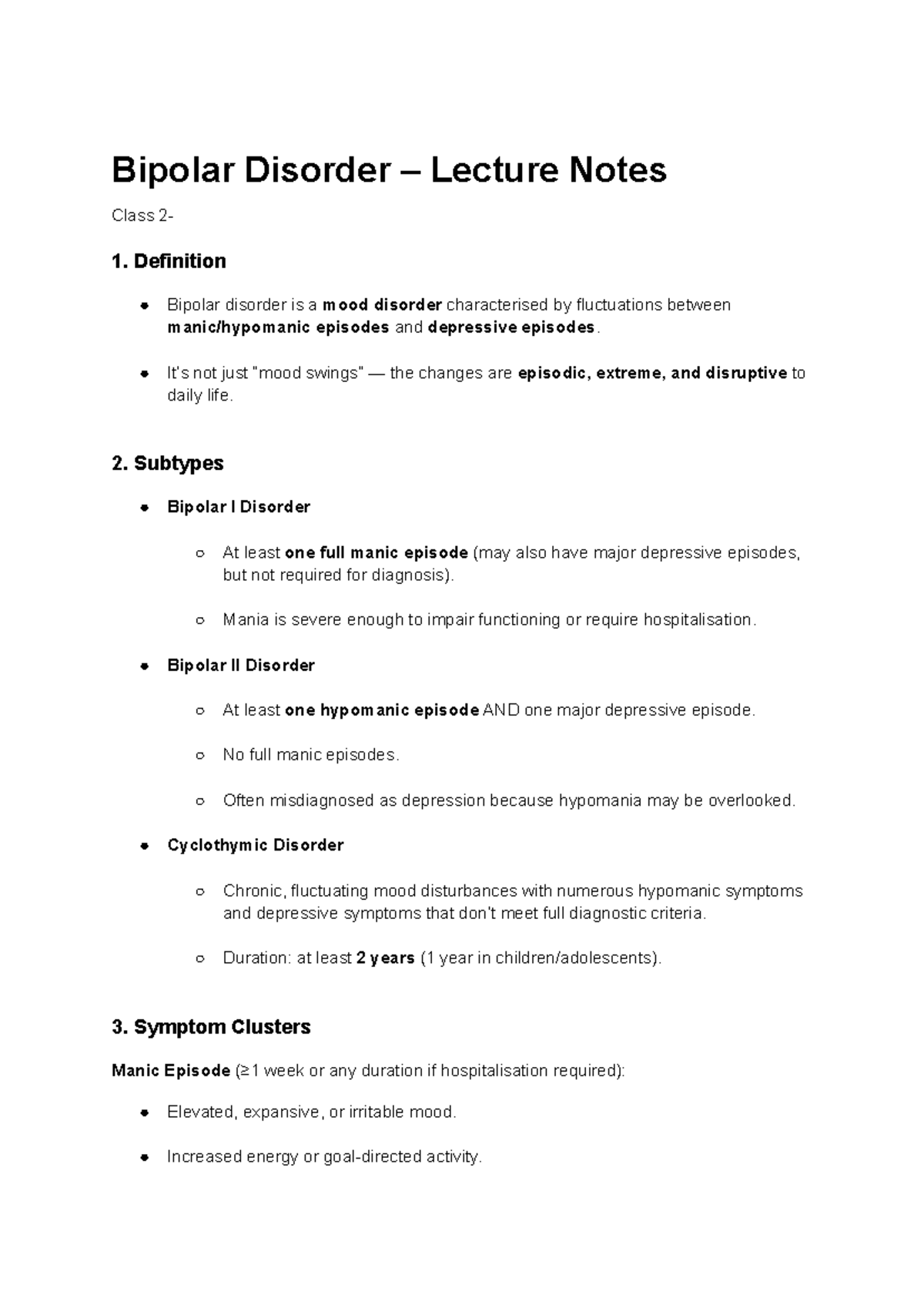 Bipolar Disorder Lecture Notes - Class 1 Overview and Key Concepts ...