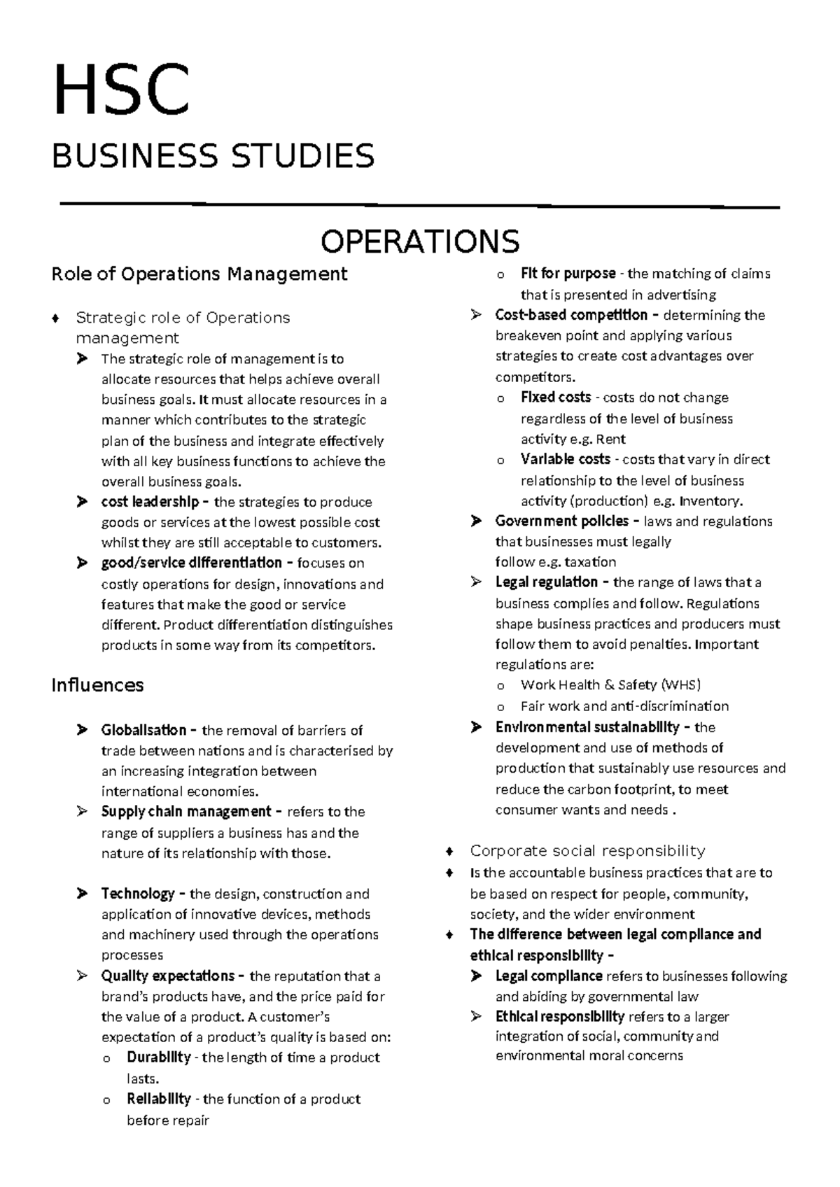HSC BUSINESS STUDIES: Operations Management Overview and Strategies ...