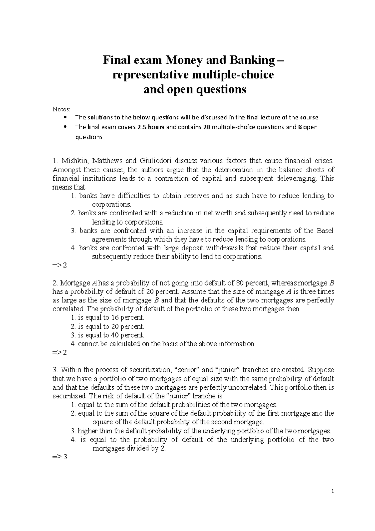 Final Exam Sample Questions for Money and Banking (ECO-301) - Studeersnel