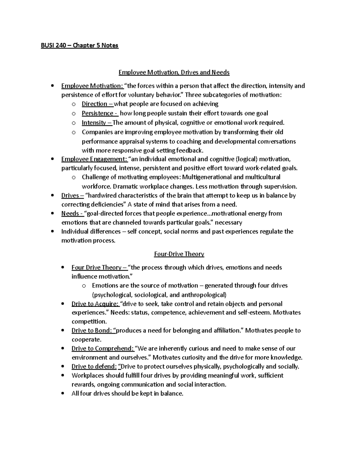 BUSI 240 Chapter 5 Notes - BUSI 240 – Chapter 5 Notes Employee ...