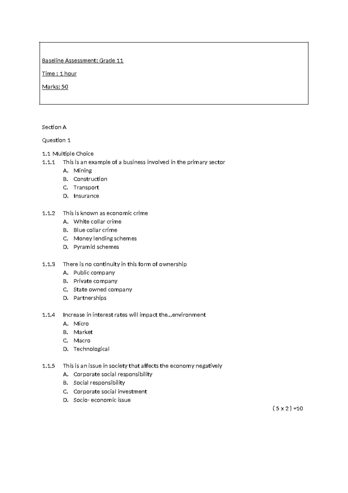 Grade 11 BS Baseline Assessment: Multiple Choice Questions - Studocu