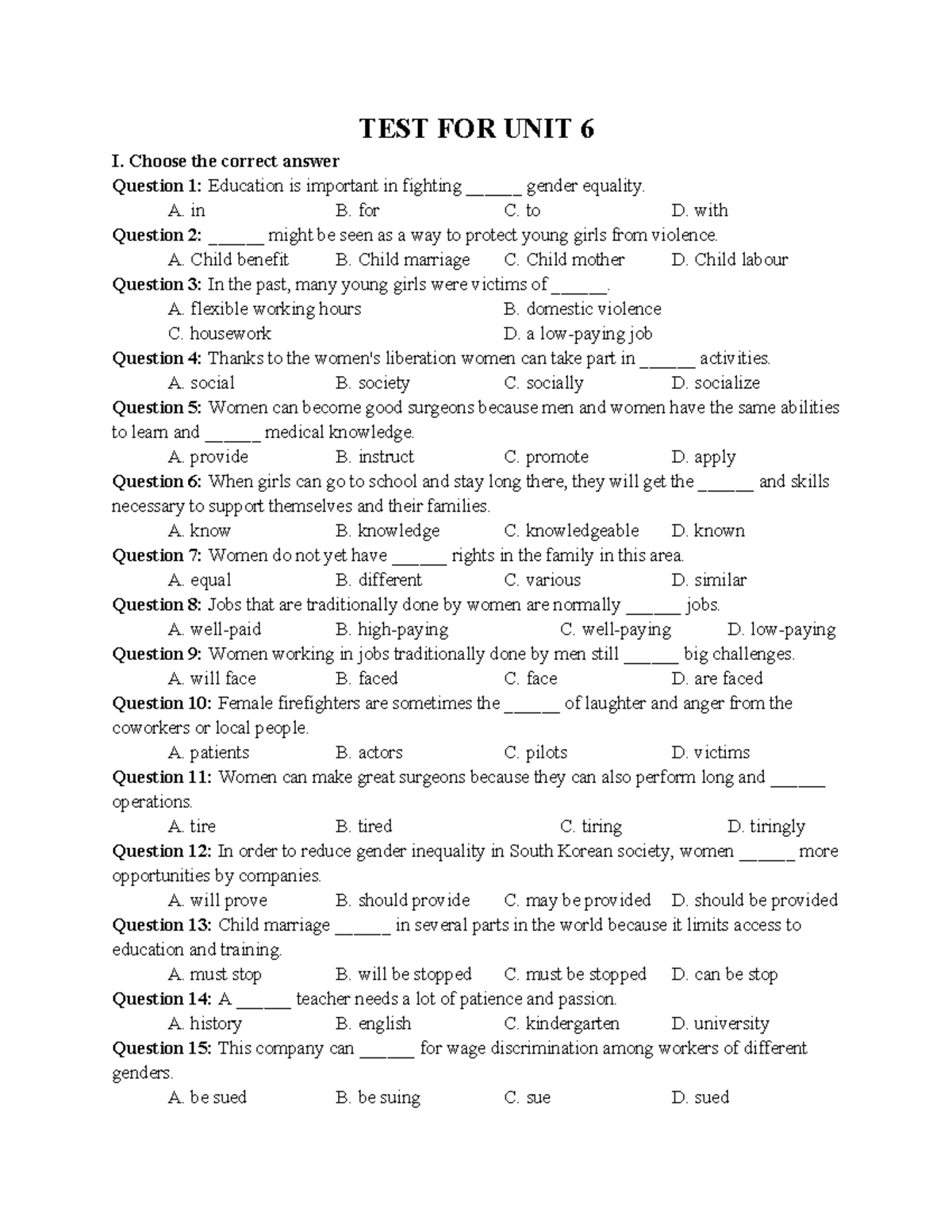 TEST FOR UNIT 6: Gender Equality Quiz Questions - Studocu