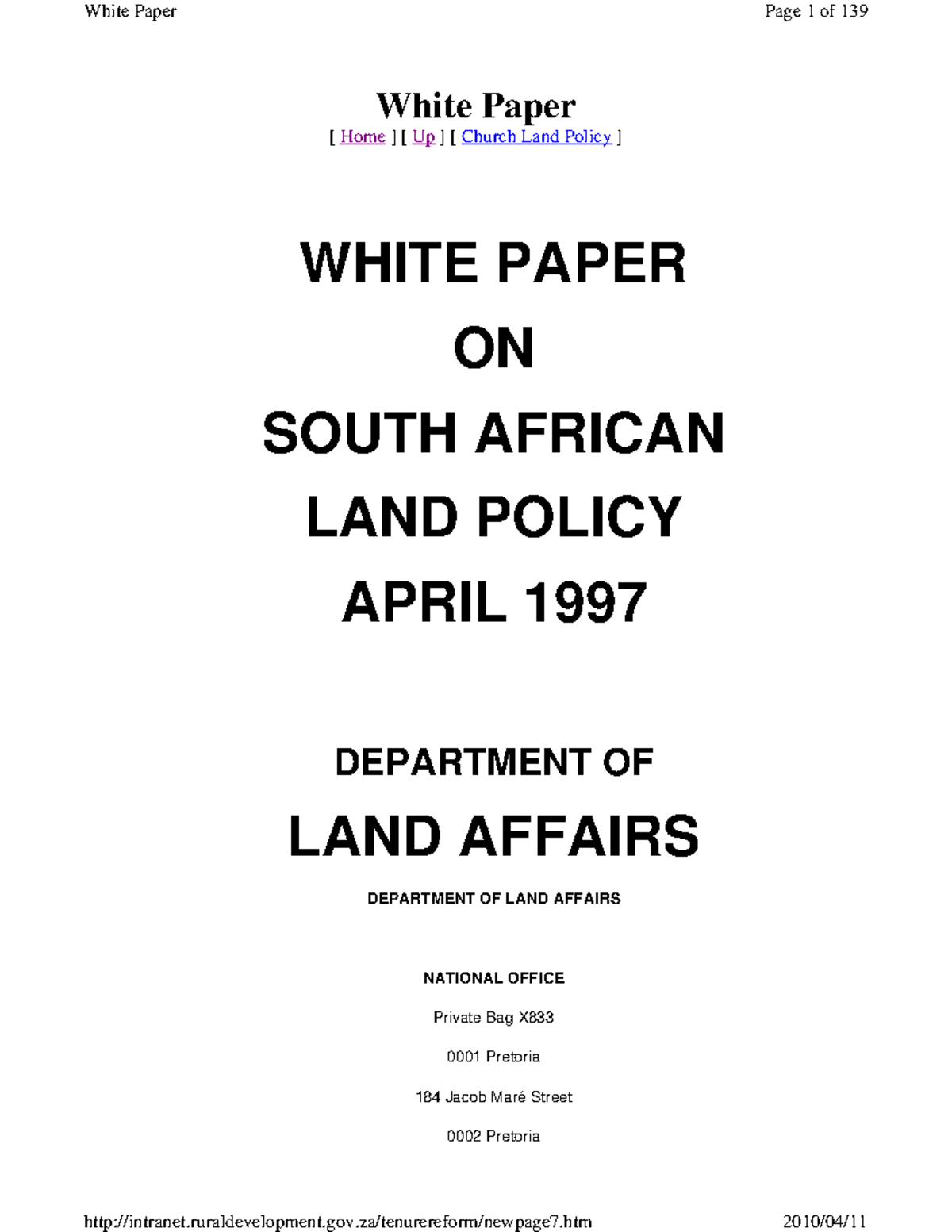 Whitepaperlandreform - White Paper [ Home ] [ Up ] [ Church Land Policy ...