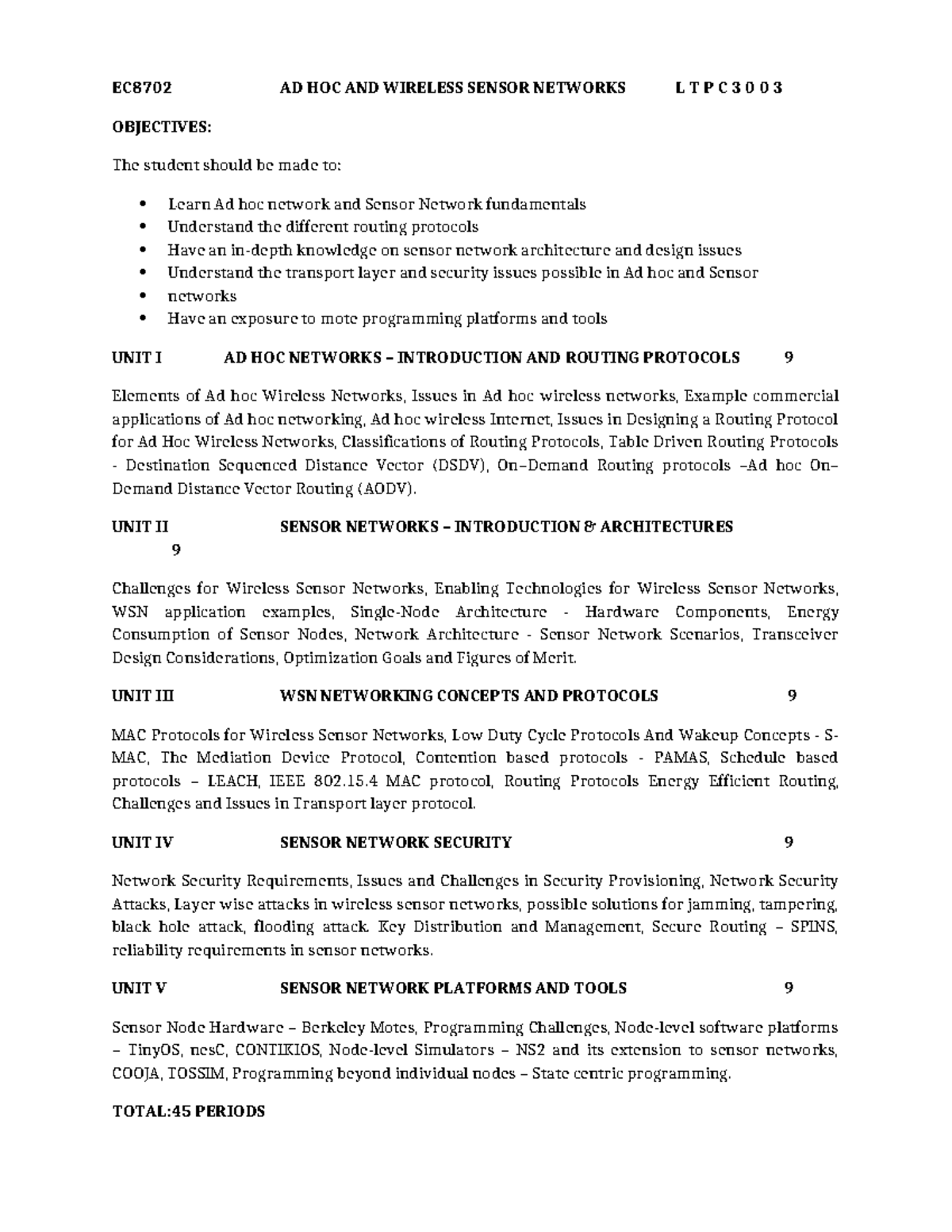 EC8702 AD HOC & WIRELESS SENSOR NETWORKS LTPC3003 Syllabus Notes - Studocu