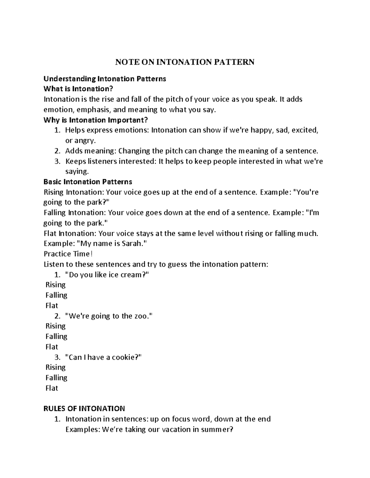 6114 Lecture Notes on Intonation Patterns and Their Importance - Studocu