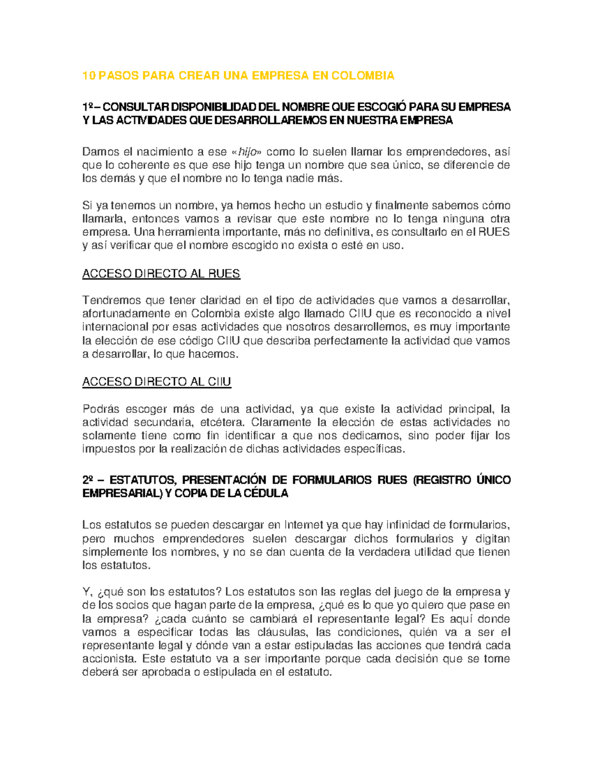 10 Pasos PARA Crear UNA Empresa EN Colombia Documento DE Apoyo - 10 ...