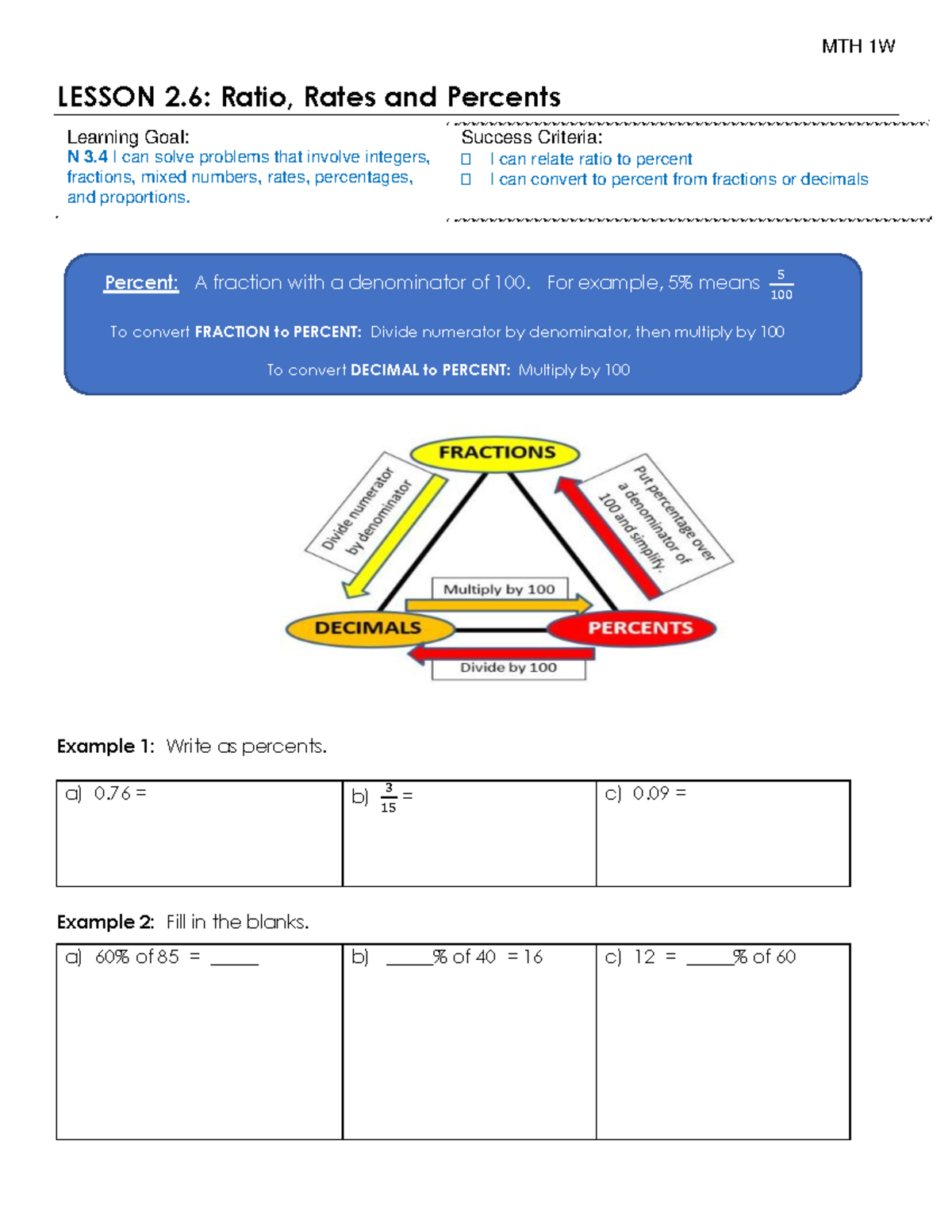 Lesson 2.6: Understanding Ratios, Rates, and Percents - MTH 1W - Studocu