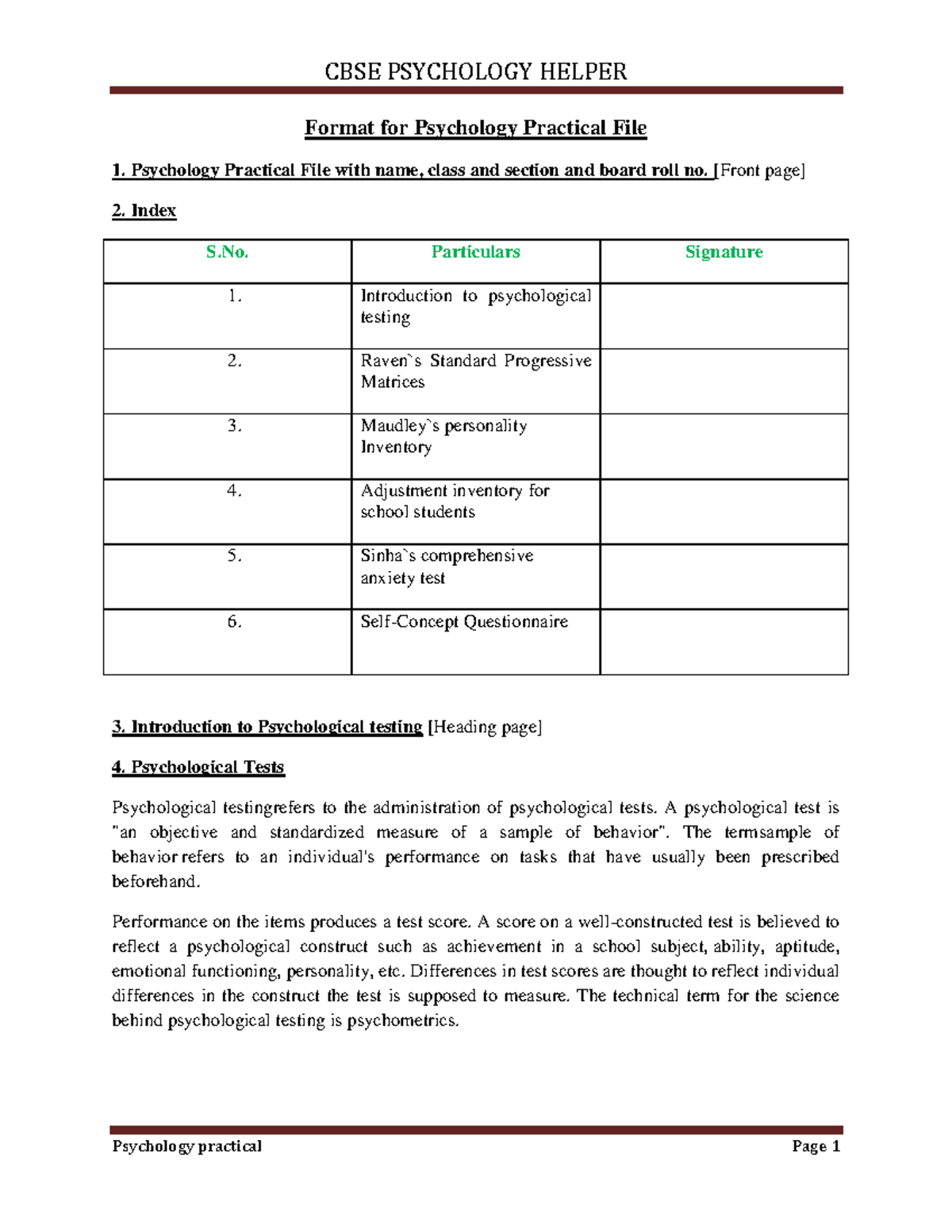 CBSE PSYCHOLOGY 411911224 Practical File: Comprehensive Guide for Class ...