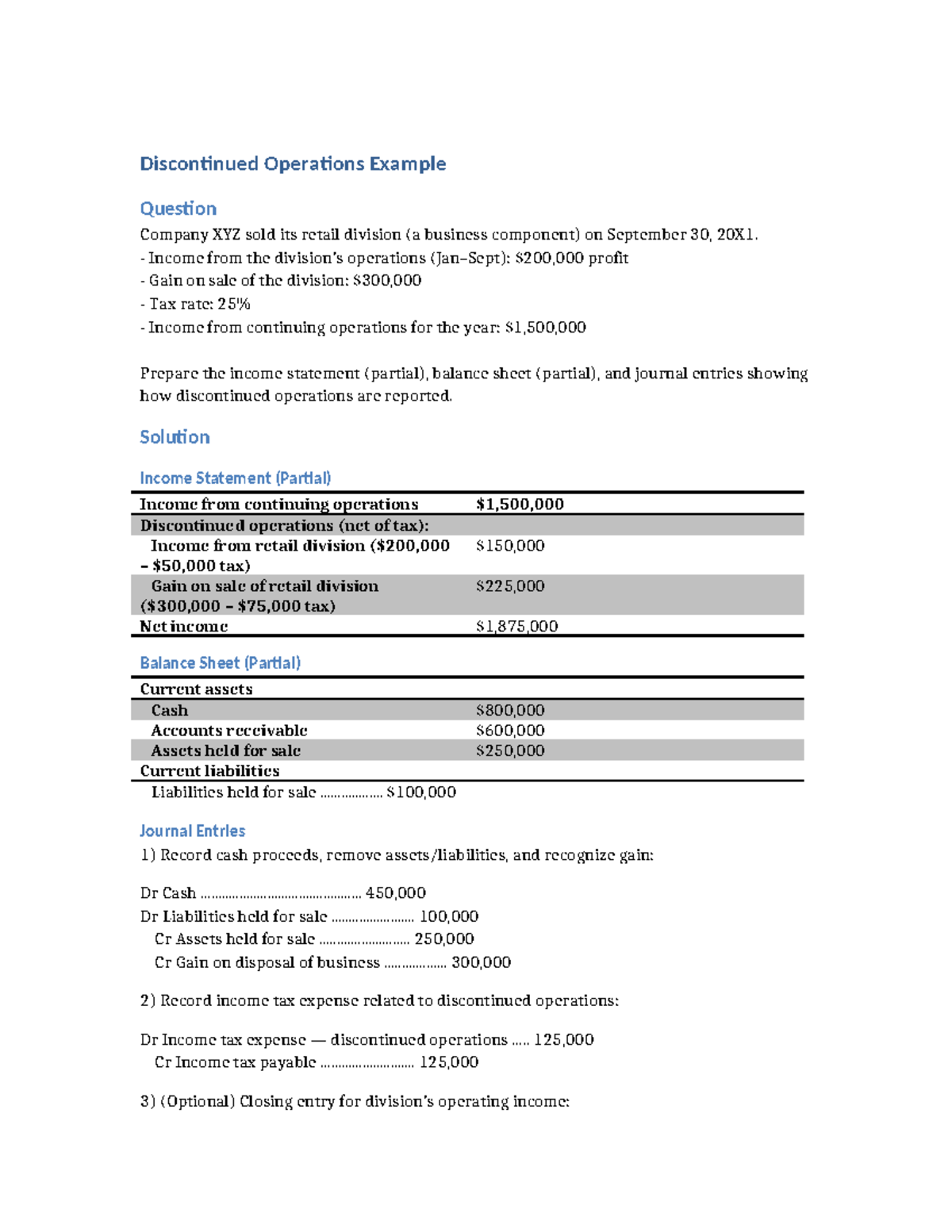 Discontinued Operations Example: Company XYZ Case Study - Studocu