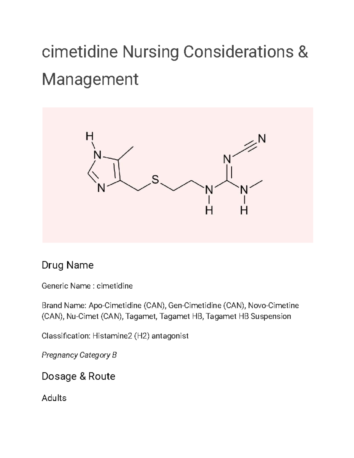 Cimetidine (H2 Antagonist) Nursing Considerations - Lecture Notes - Studocu