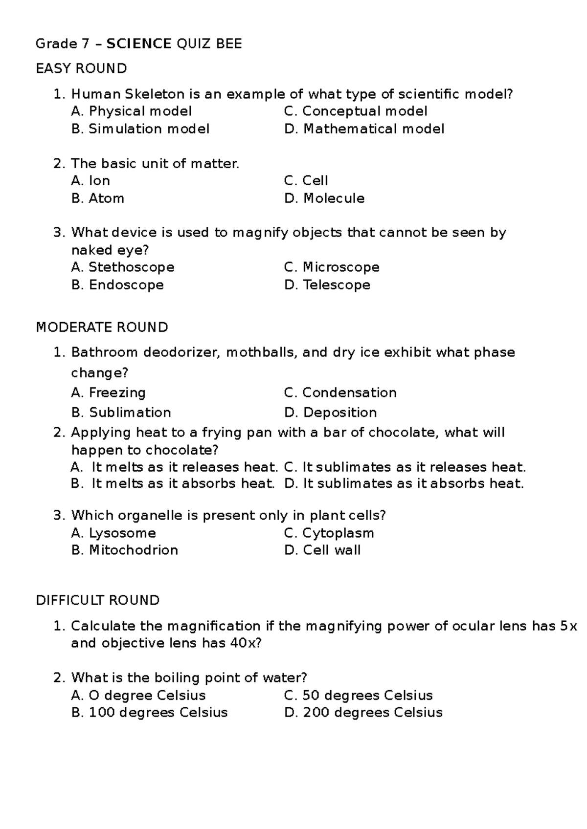 Grade 7 - Science Quiz Bee: Easy, Moderate, and Difficult Rounds - Studocu