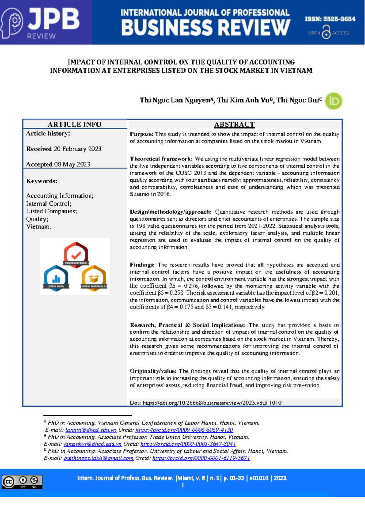 Impact of Internal Control on Accounting Info Quality in Vietnam's ...