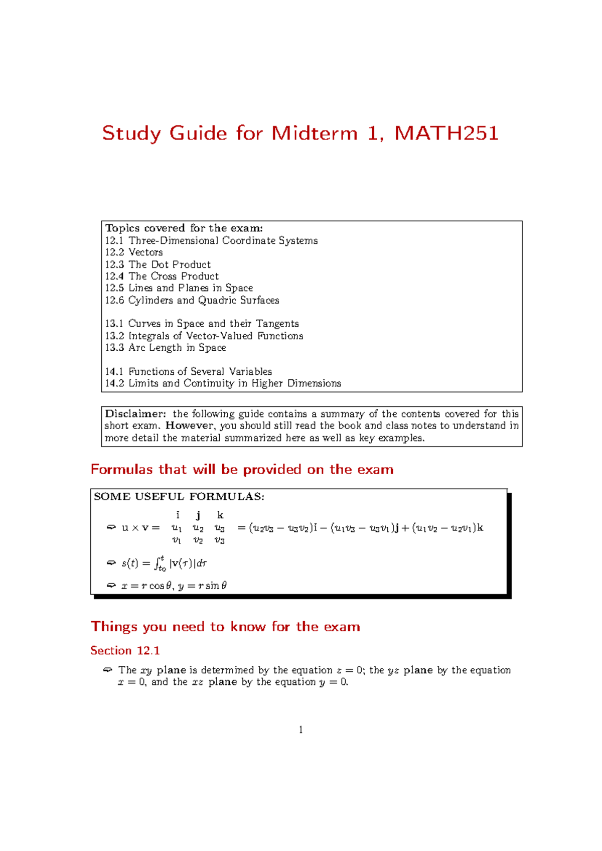 Study Guide for Midterm 1, MATH251 - Studocu