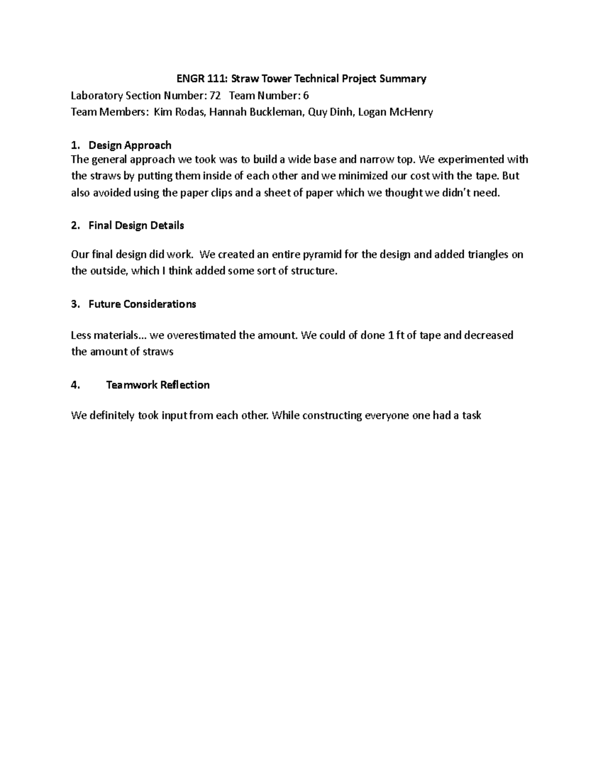 ENGR 111: Straw Tower Project Summary and Design Analysis - Studocu