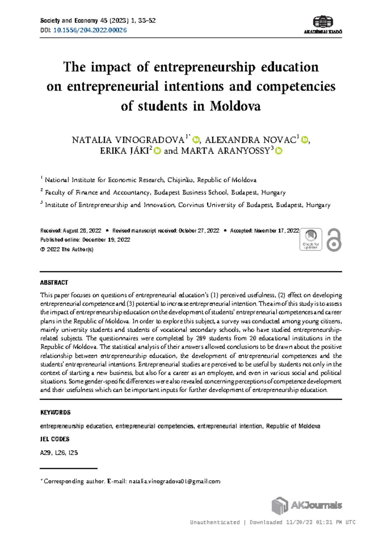 The impact of entrepreneurship education on entrepreneurial intentions ...