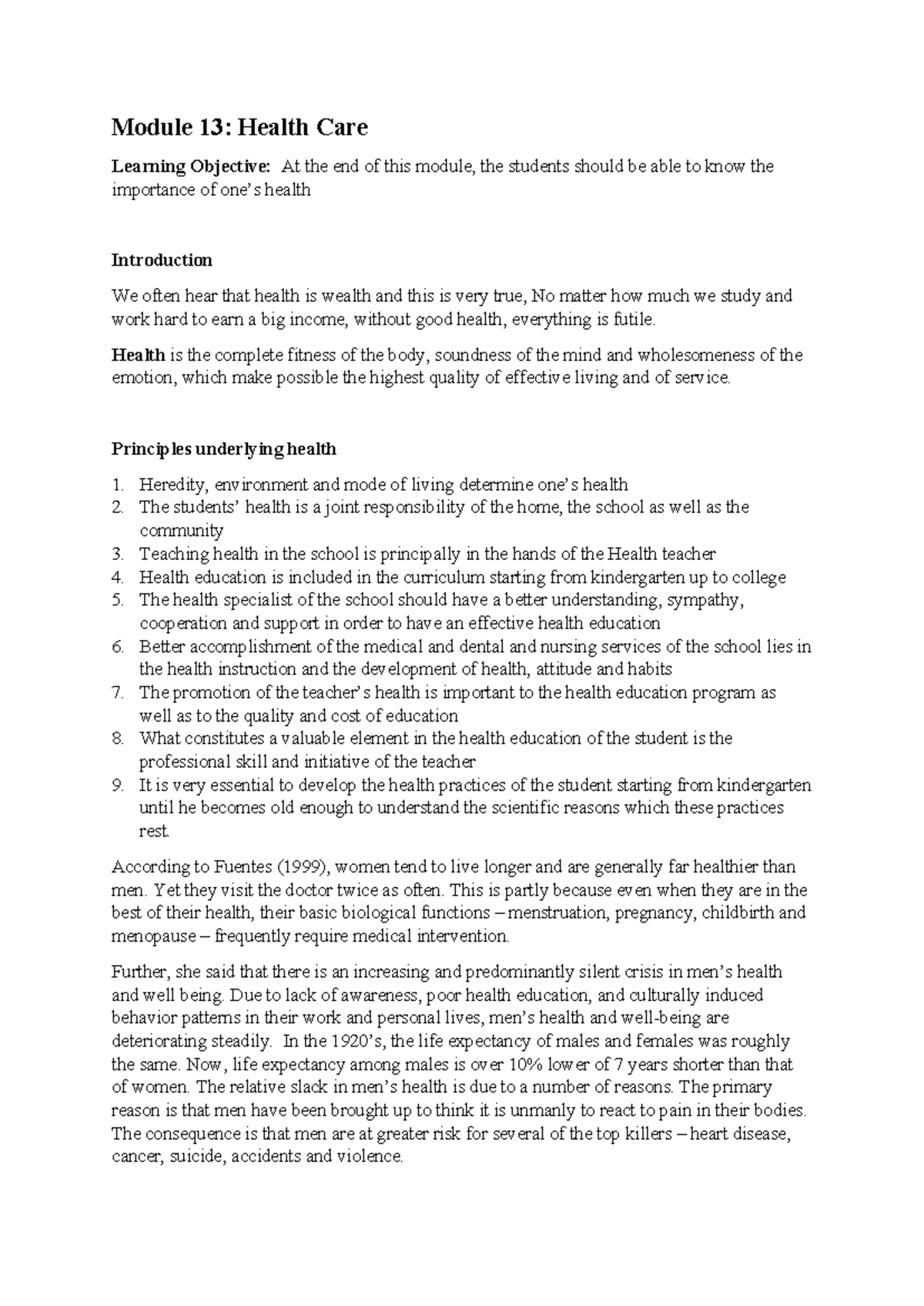 Module-13 - fdfasds - Module 13: Health Care Learning Objective: At the ...