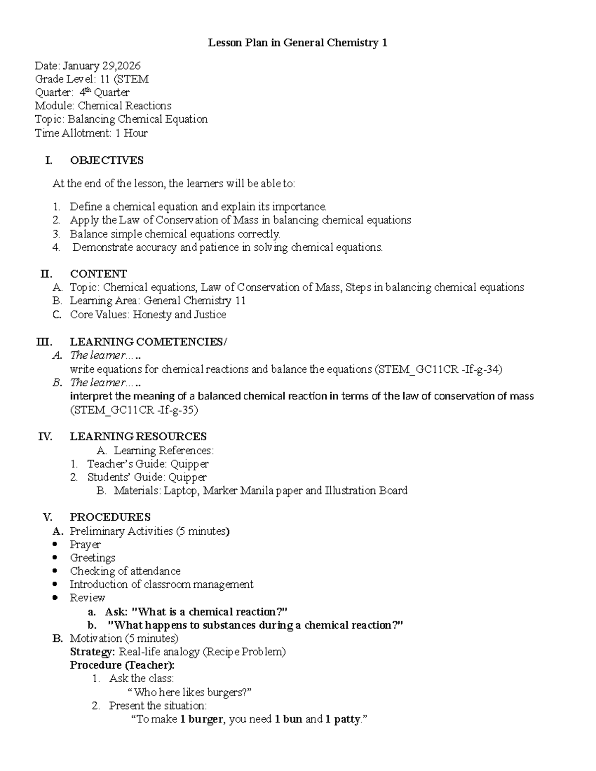 Lesson Plan: Balancing Chemical Equations in General Chemistry 11 - Studocu