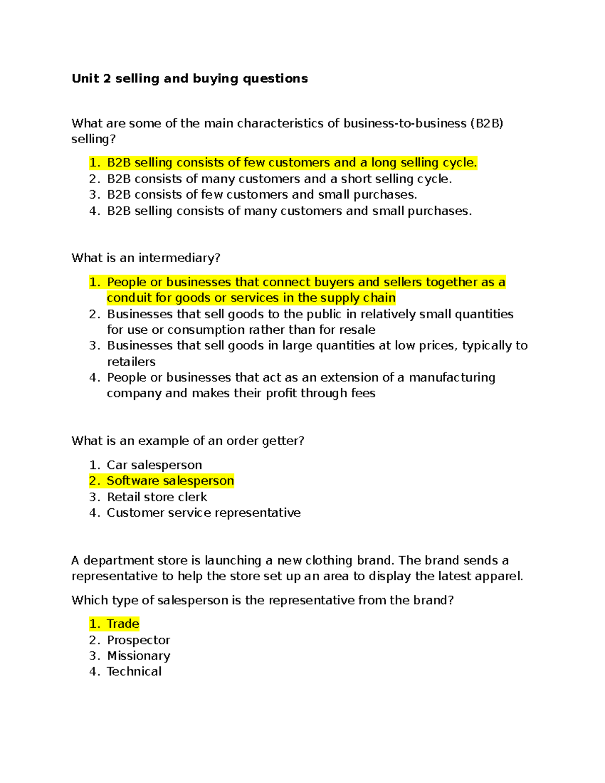 Unit 2 Module 2: B2B Selling and Buying Questions - Studocu